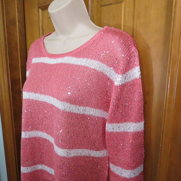 Avalin Coral & Ivory Striped Sweater Long Sleeve Sequins Scoop Neck Size Large - Picture 3 of 10